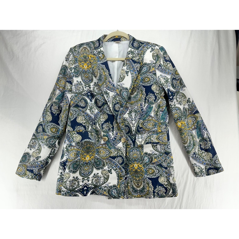 Magaschoni Women L Blue Green Paisley 100% Linen Double Breasted Blazer Jacket